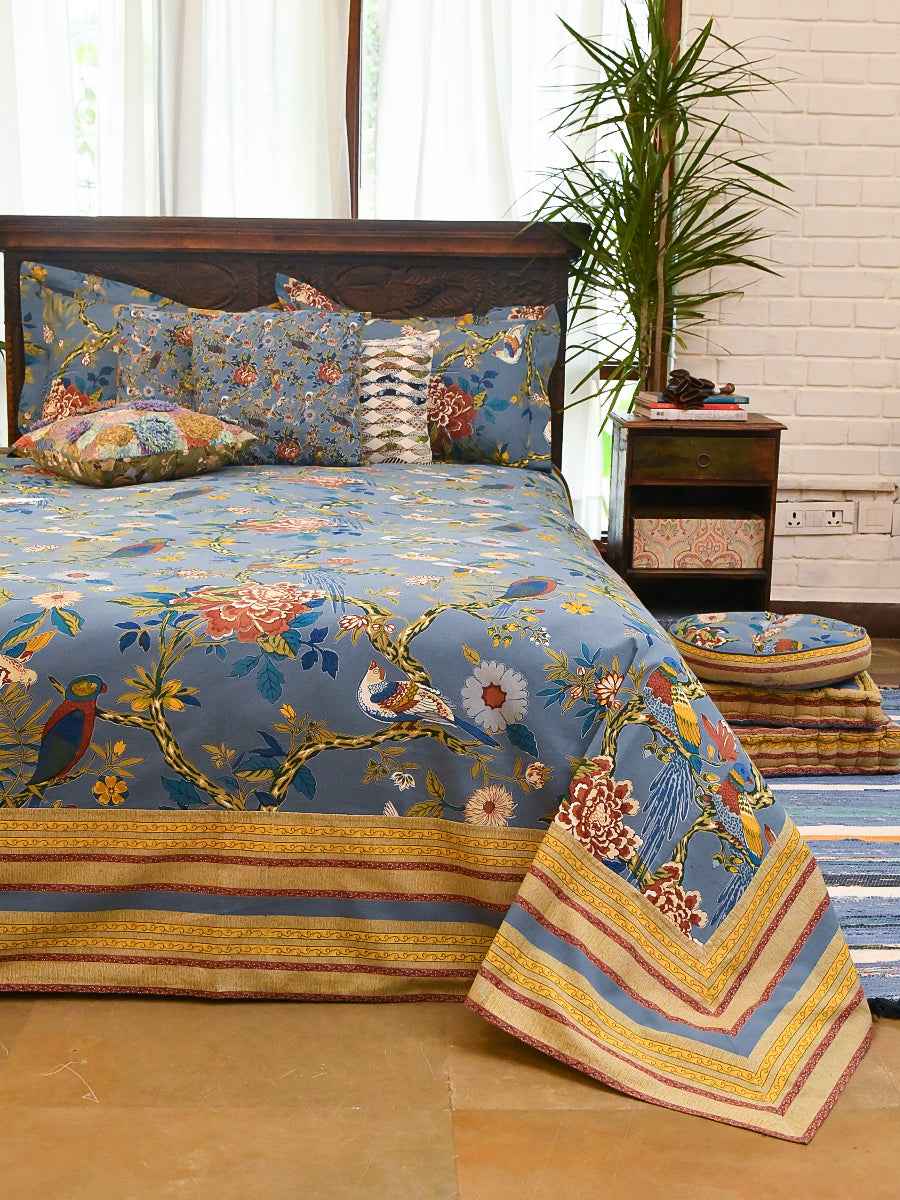 Printed Bed Cover With Extra Border : Bird Blue | Sheeting