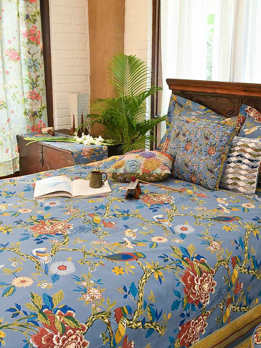 Printed Bed Cover With Extra Border : Bird Blue | Sheeting