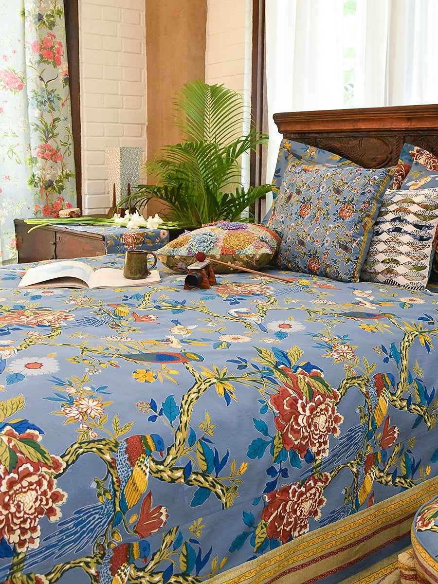 Printed Bed Cover With Extra Border : Bird Blue | Sheeting