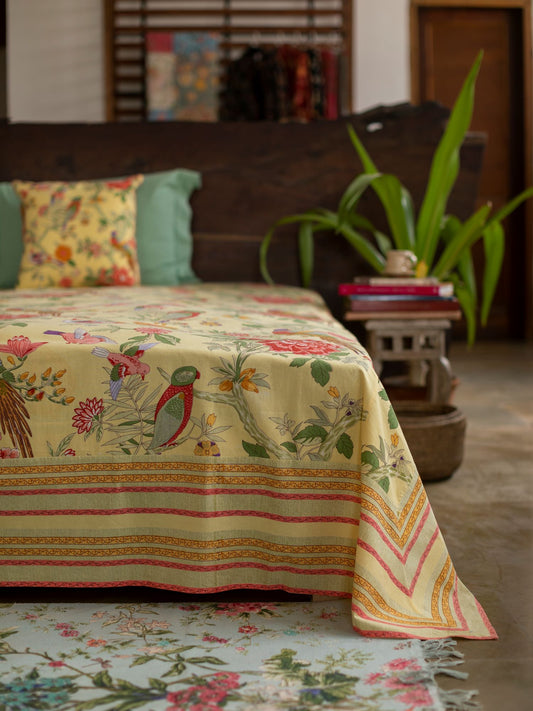 Printed Bed Cover With Extra Border : Bird Yellow Sheeting