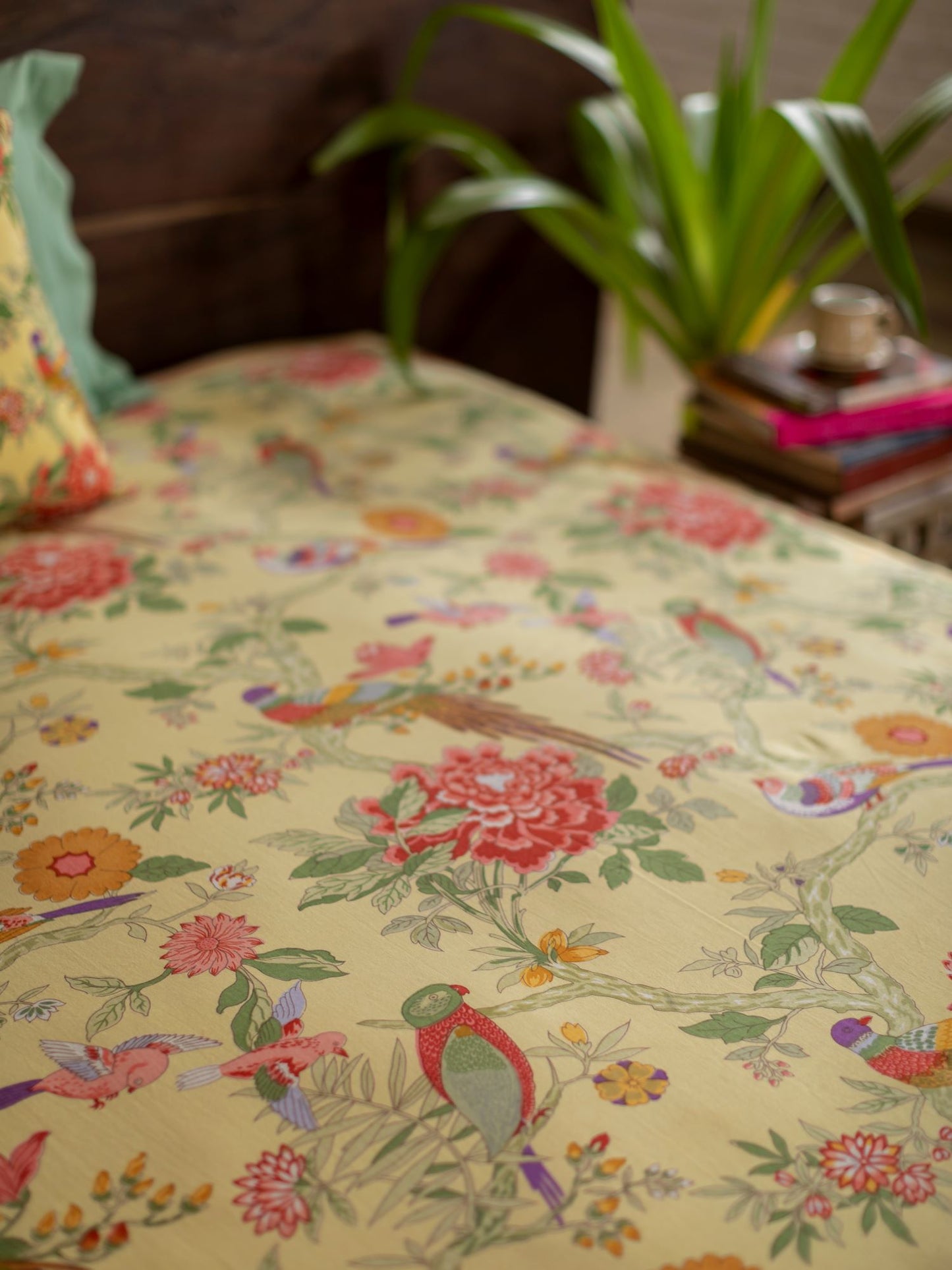 Printed Bed Cover With Extra Border : Bird Yellow Sheeting