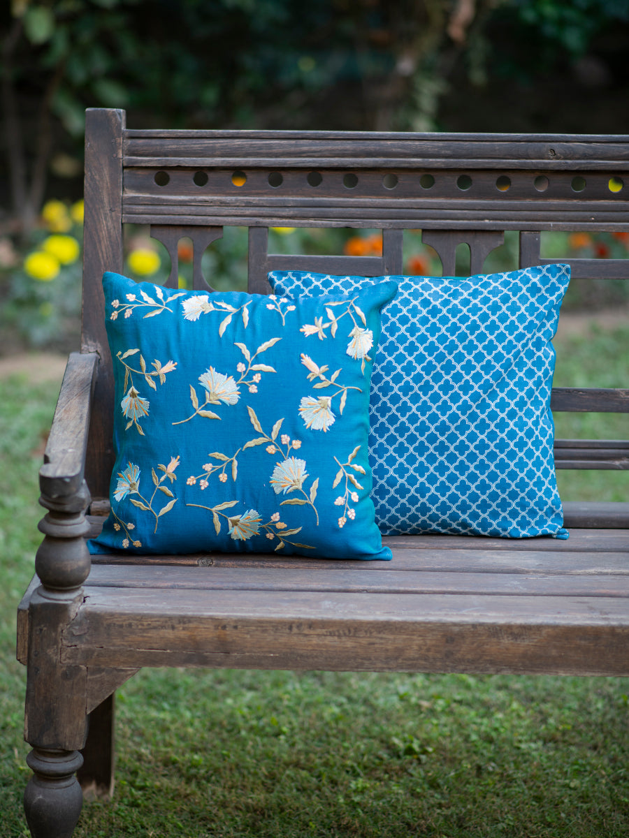 Embroidered Cushion Cover Versailles: Blue Chanderi