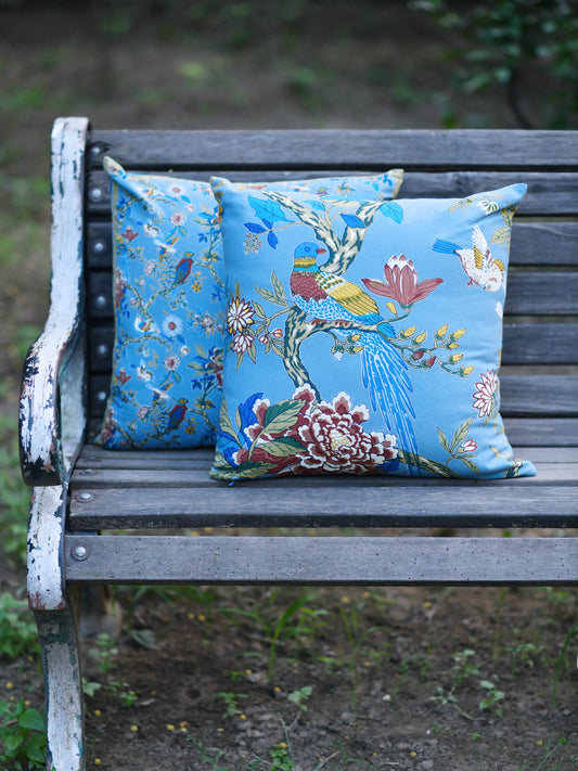 Cotton Sheeting Cushion Cover Reversible: Bird Blue