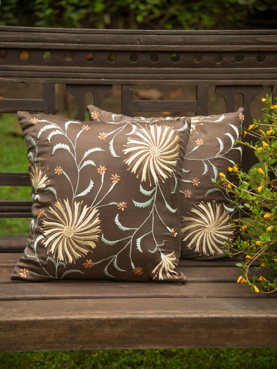 Embroidered Silk Cushion Cover : Lily Brown