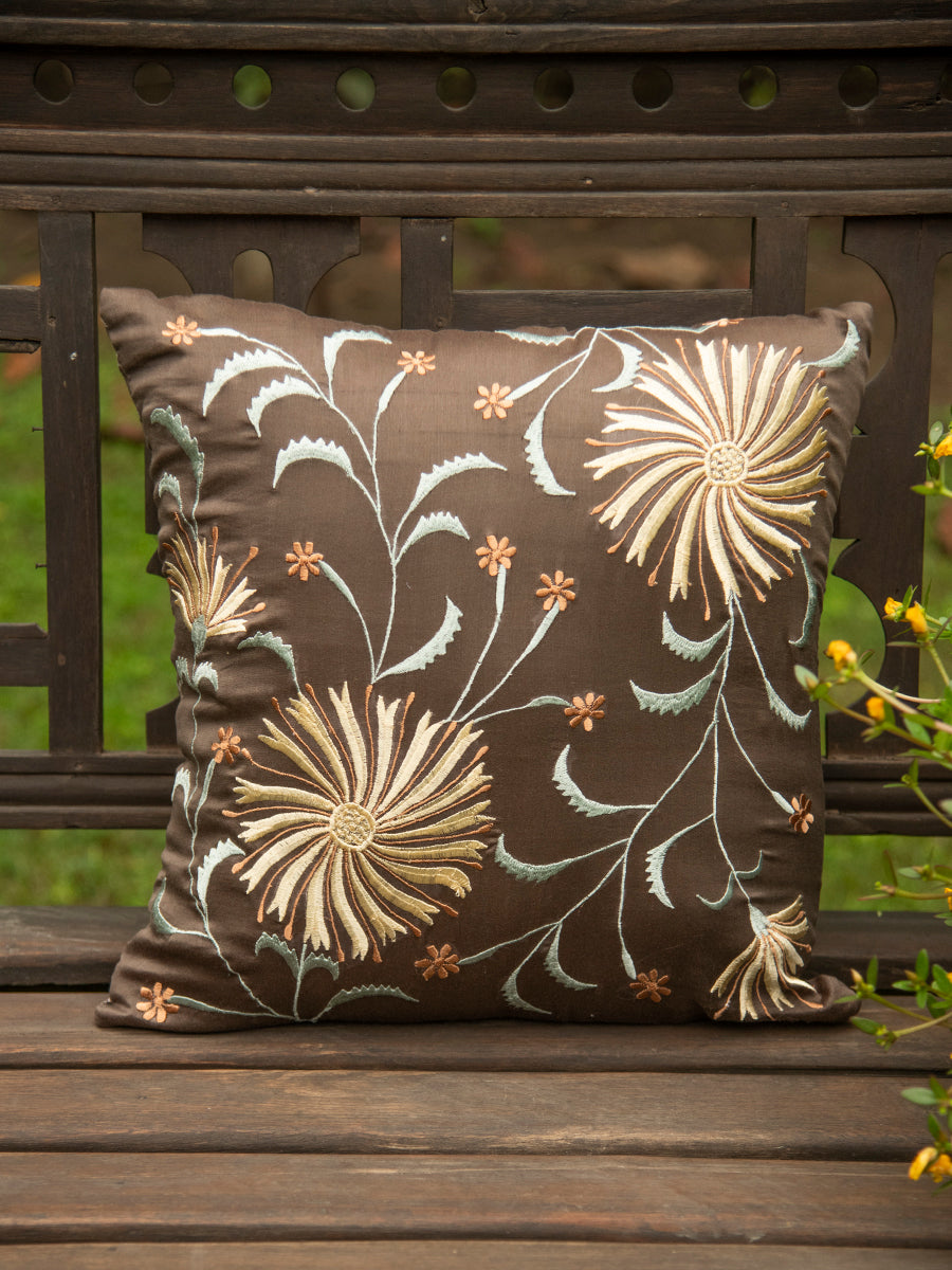 Embroidered Silk Cushion Cover : Lily Brown