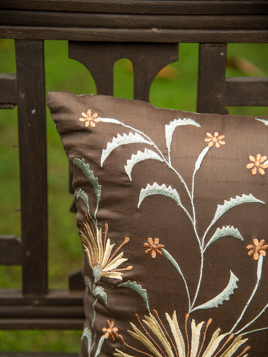 Embroidered Silk Cushion Cover : Lily Brown