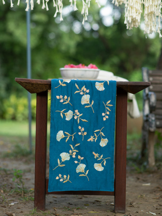 Embroidered Silk Runner : Versailles Blue