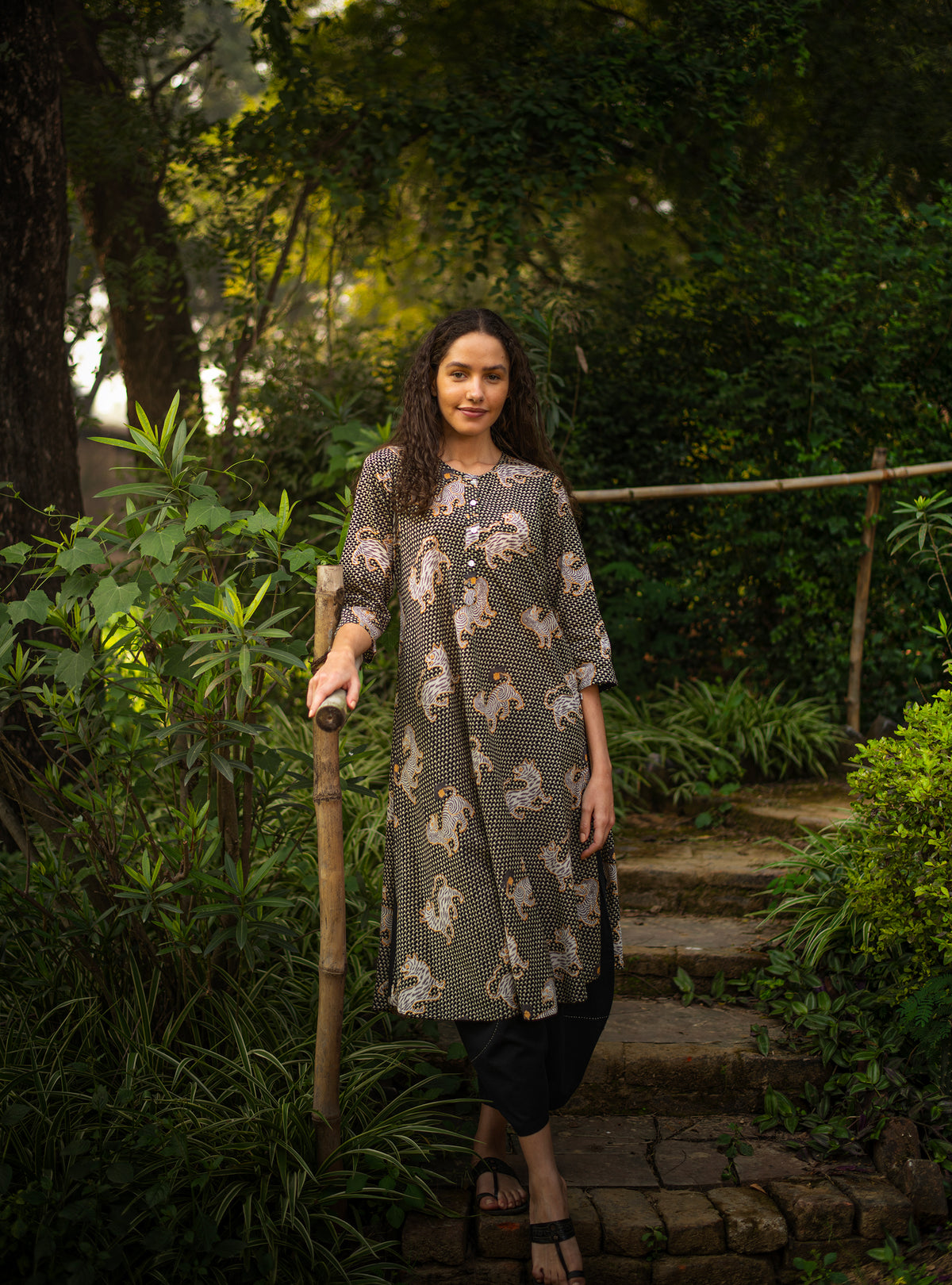 A Line Kurta : Tiger Black Voile