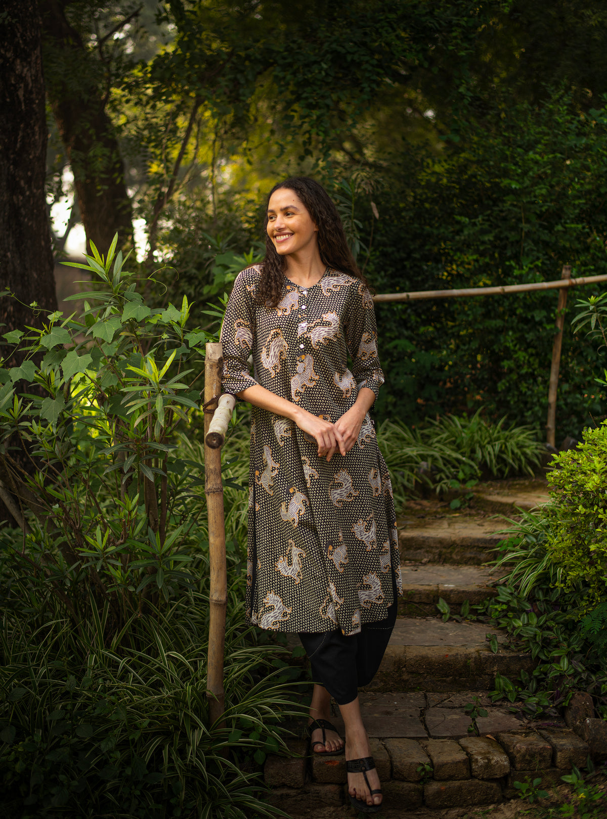 A Line Kurta : Tiger Black Voile