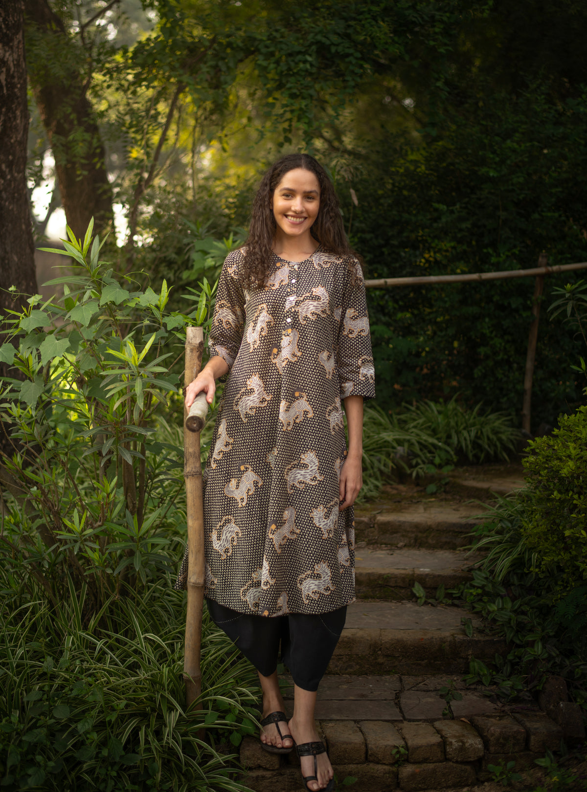 A Line Kurta : Tiger Black Voile