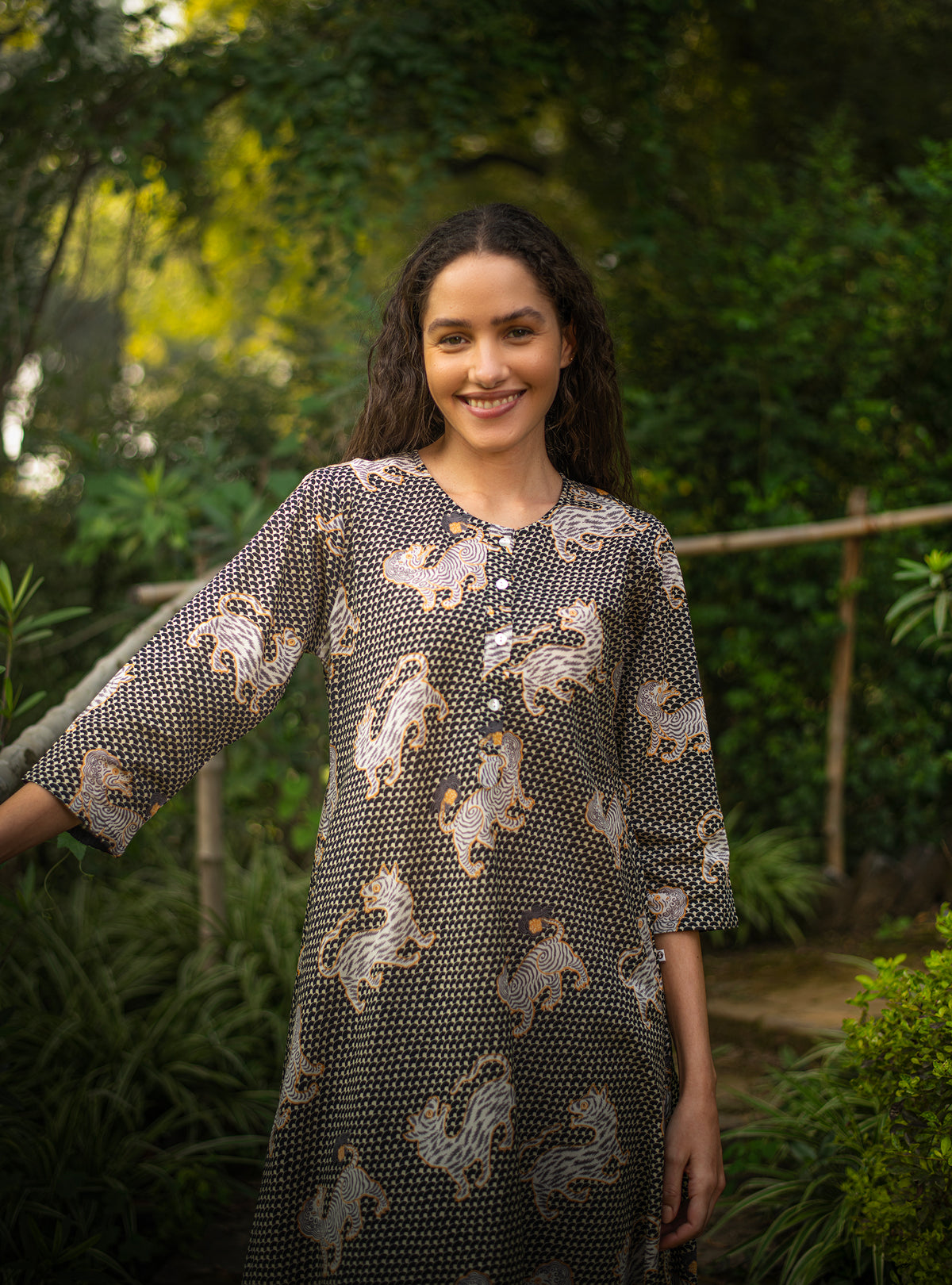 A Line Kurta : Tiger Black Voile