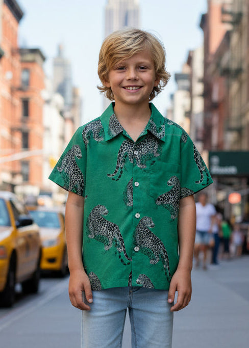 Angad Shirt Half Sleeves : Leopard Green Voile