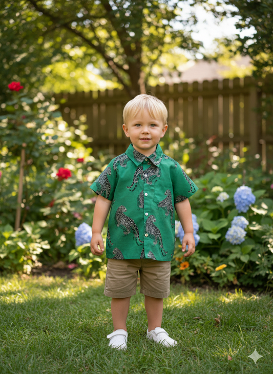 Kids Angad Half Sleeves Shirt: Leopard Green