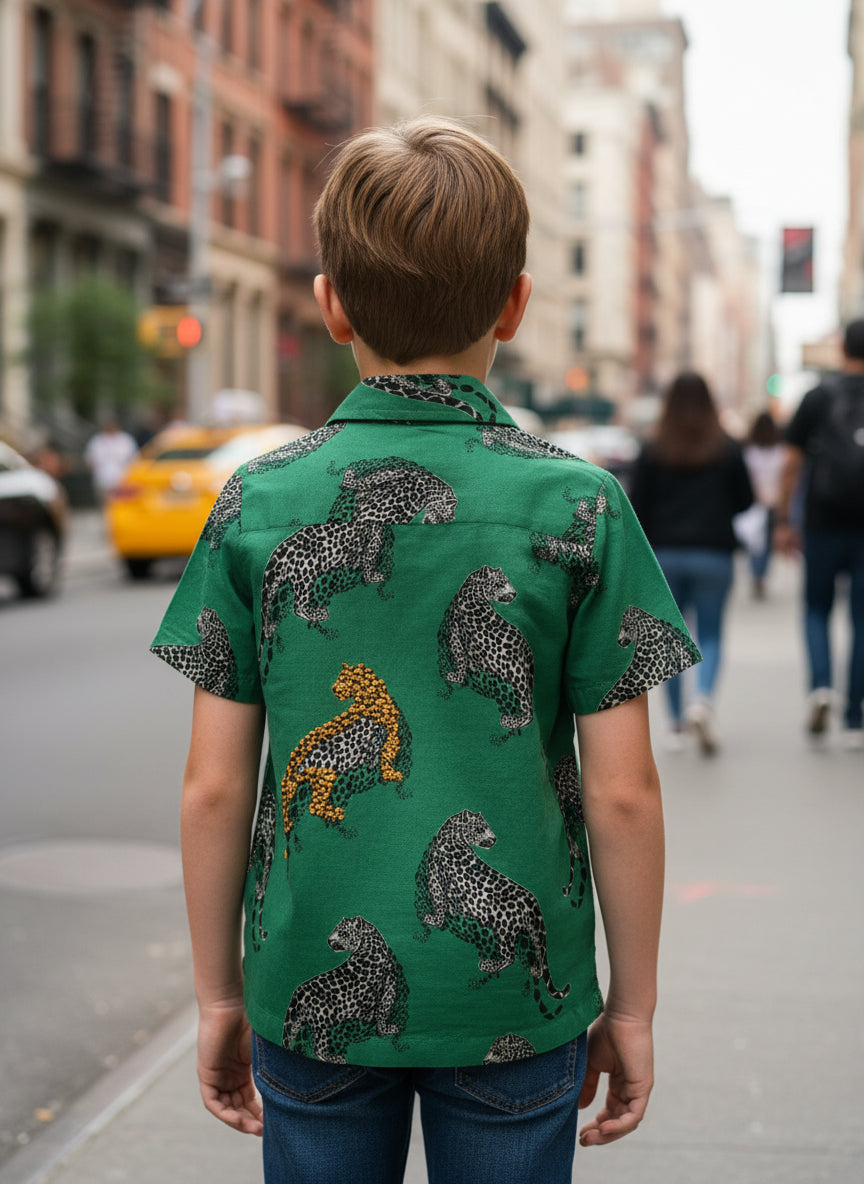 Angad Shirt Half Sleeves : Leopard Green Voile