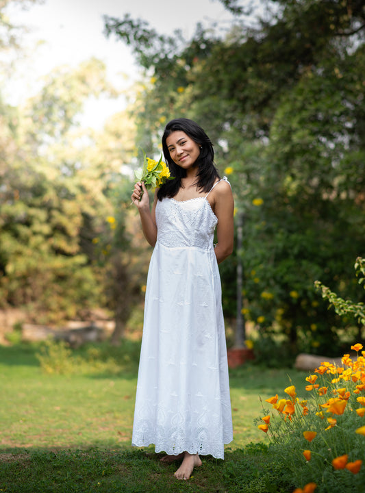 Angela Dress : Solid White Cotton Schiffli