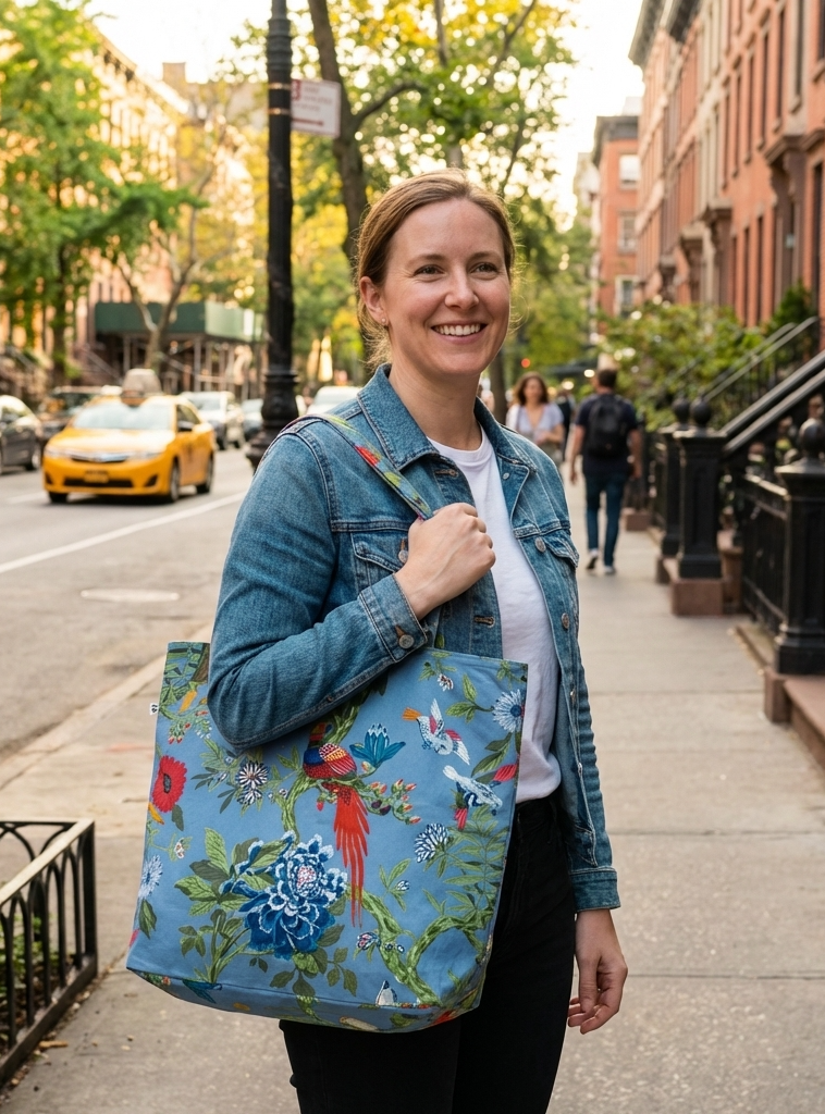 Canvas Tote :  Bird  Teal  Canvas