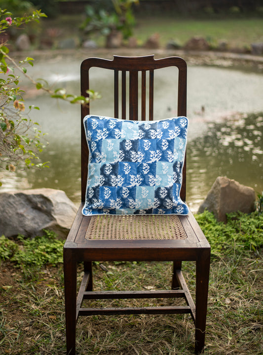Block Printed Cushion Cover : Akbar Blue Textured