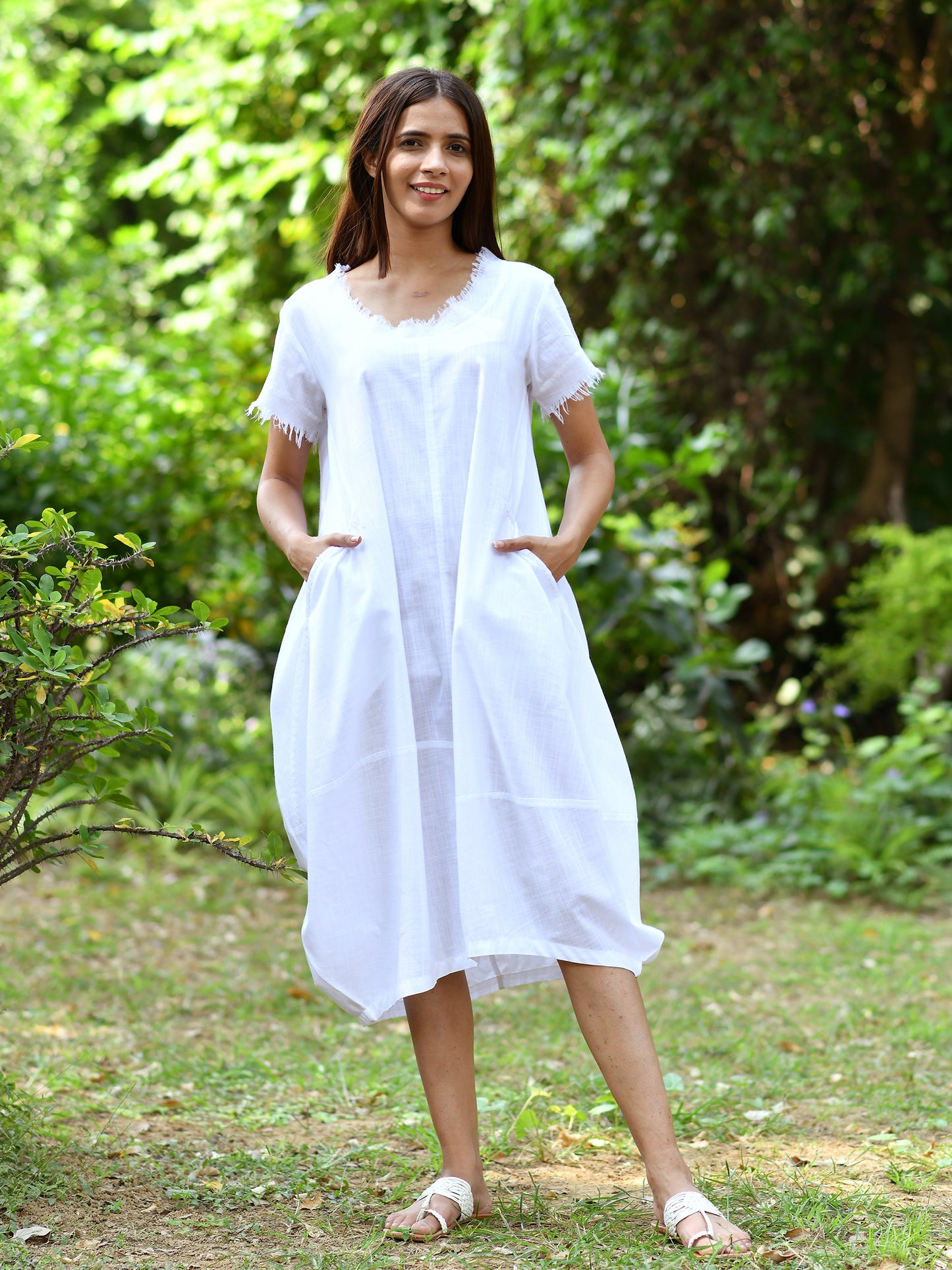 Balloon Dress : Solid White Slub