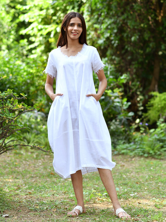 Balloon Dress : Solid White Slub
