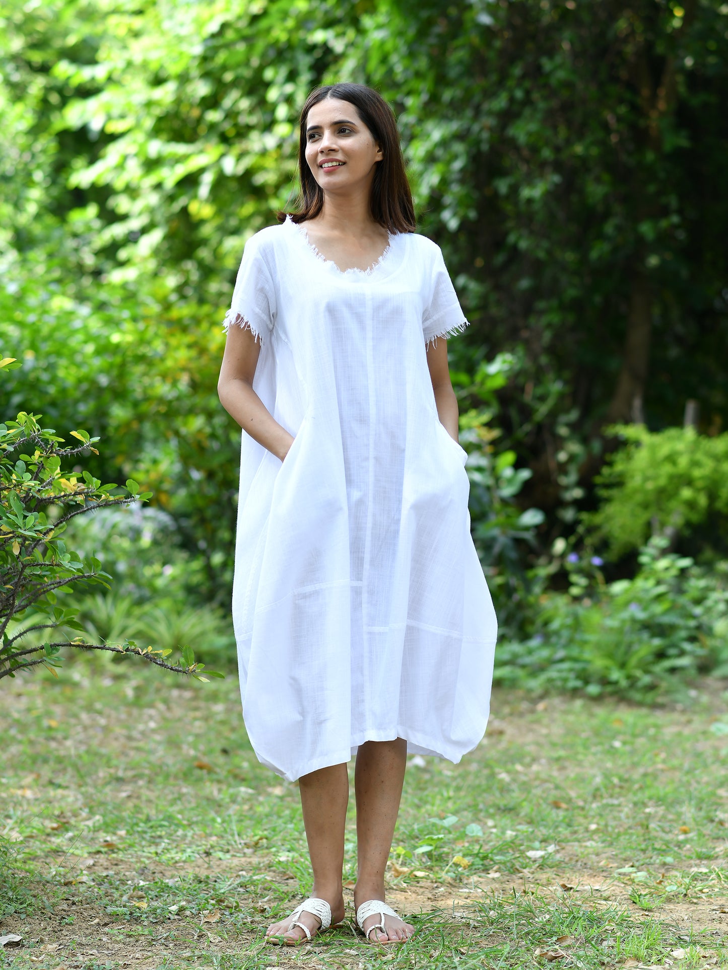 Balloon Dress : Solid White Slub