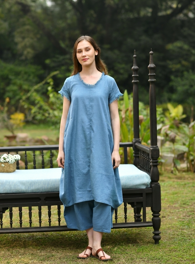 Balloon Dress : Solid Cloud Blue Slub