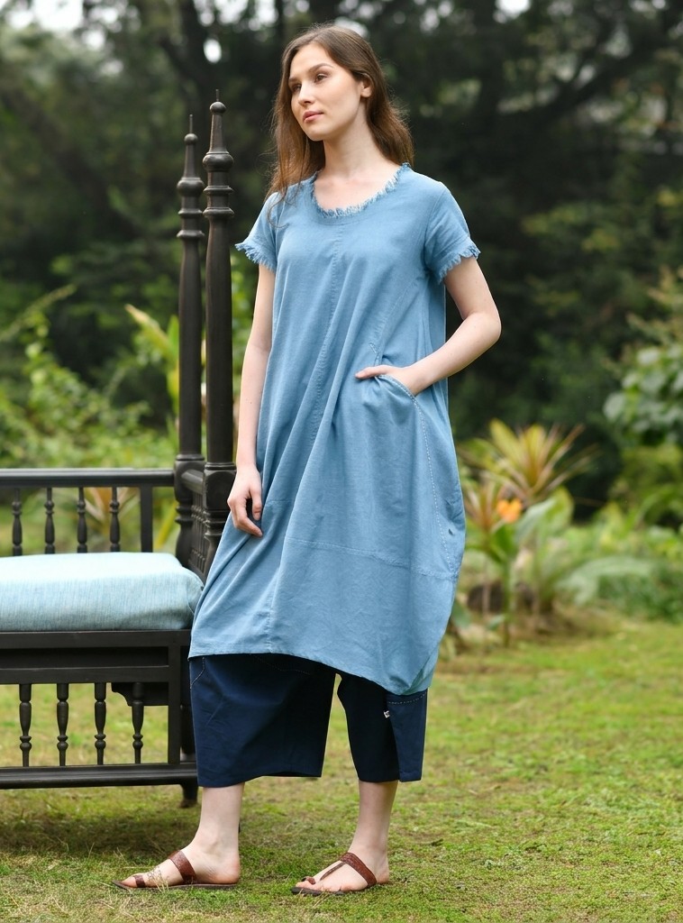 Balloon Dress : Solid Cloud Blue Slub