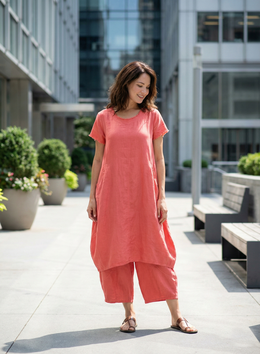 Balloon Dress : Solid Coral Slub