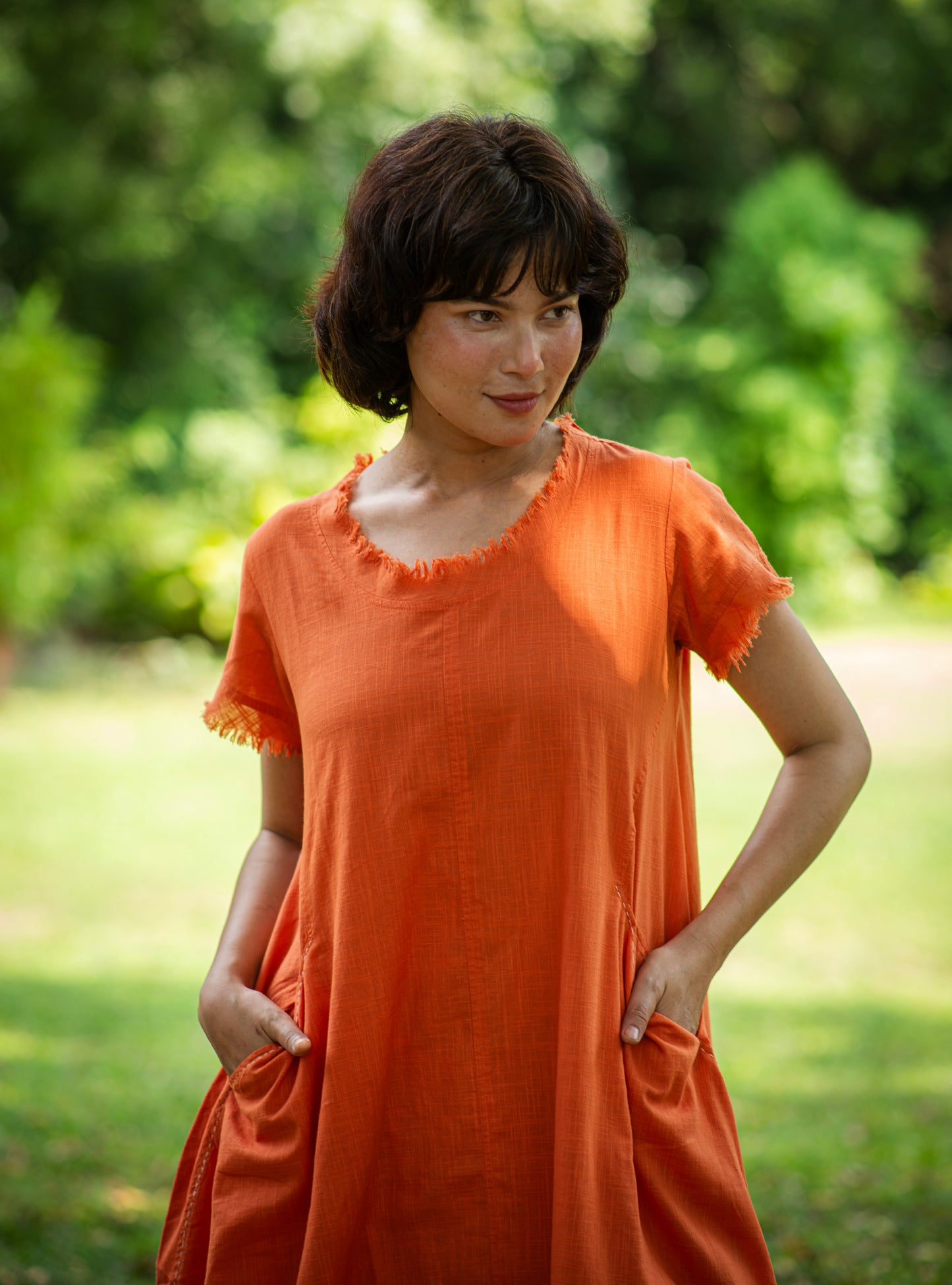 Balloon Dress : Solid Orange Slub