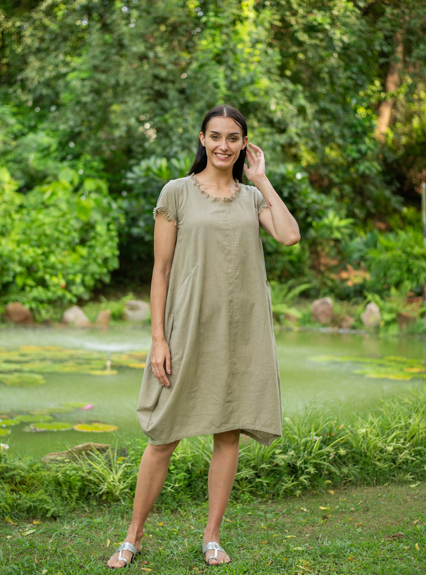 Balloon Dress : Solid Sage Slub