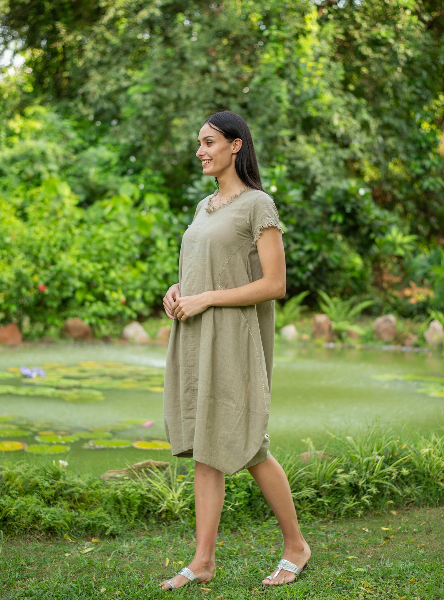 Balloon Dress : Solid Sage Slub