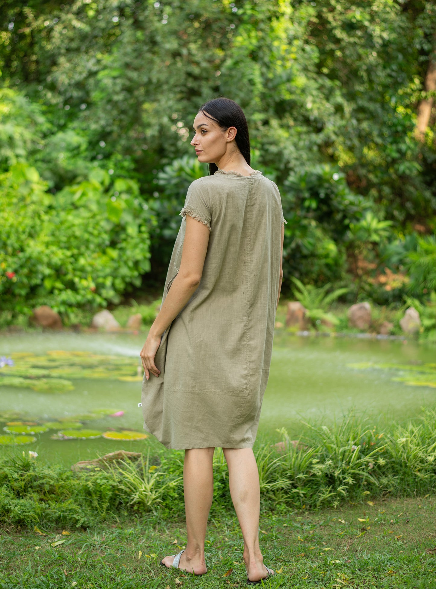 Balloon Dress : Solid Sage Slub