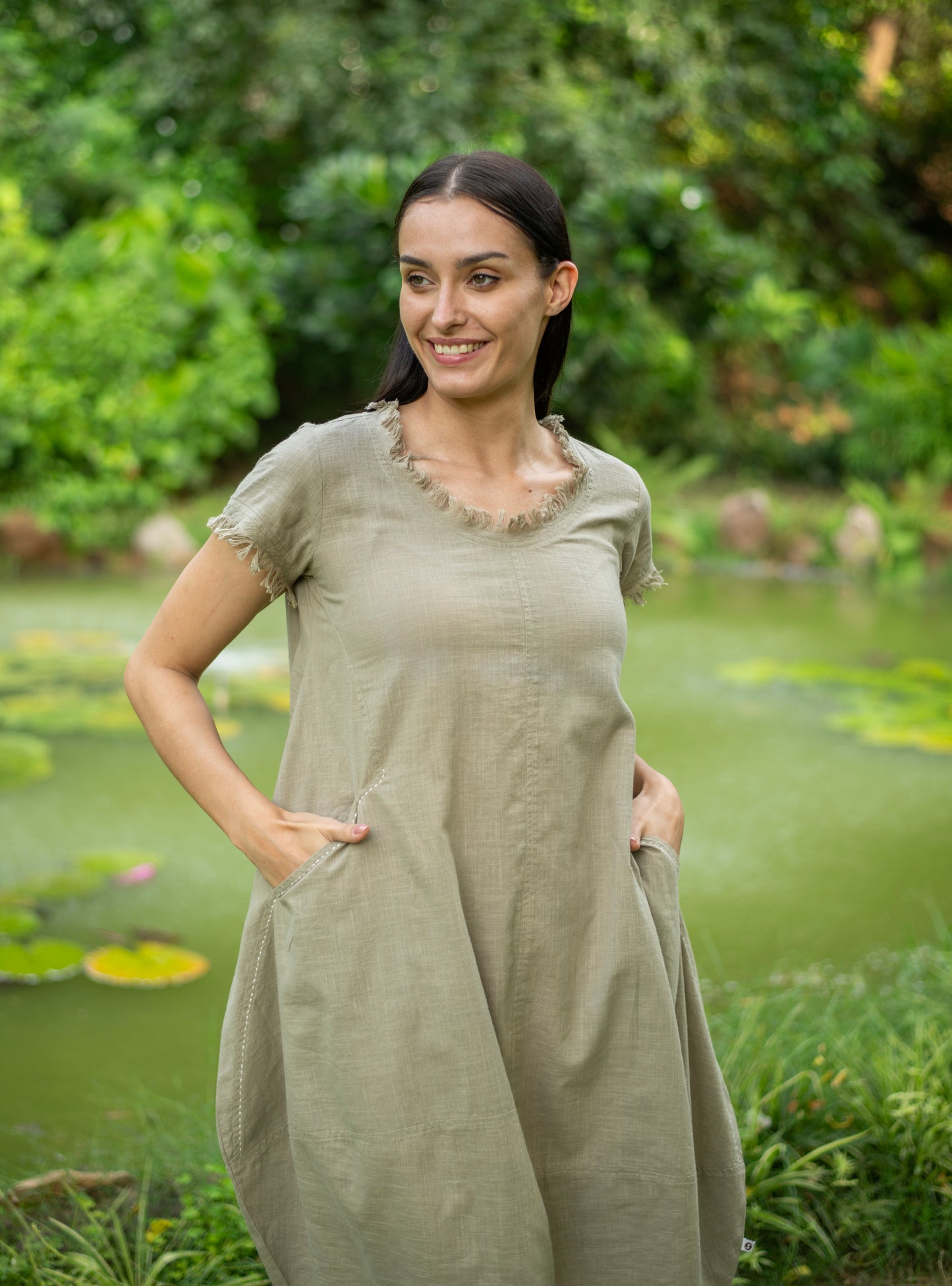 Balloon Dress : Solid Sage Slub