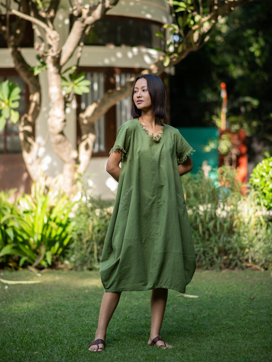 Balloon Dress : Nisha Olive Slub