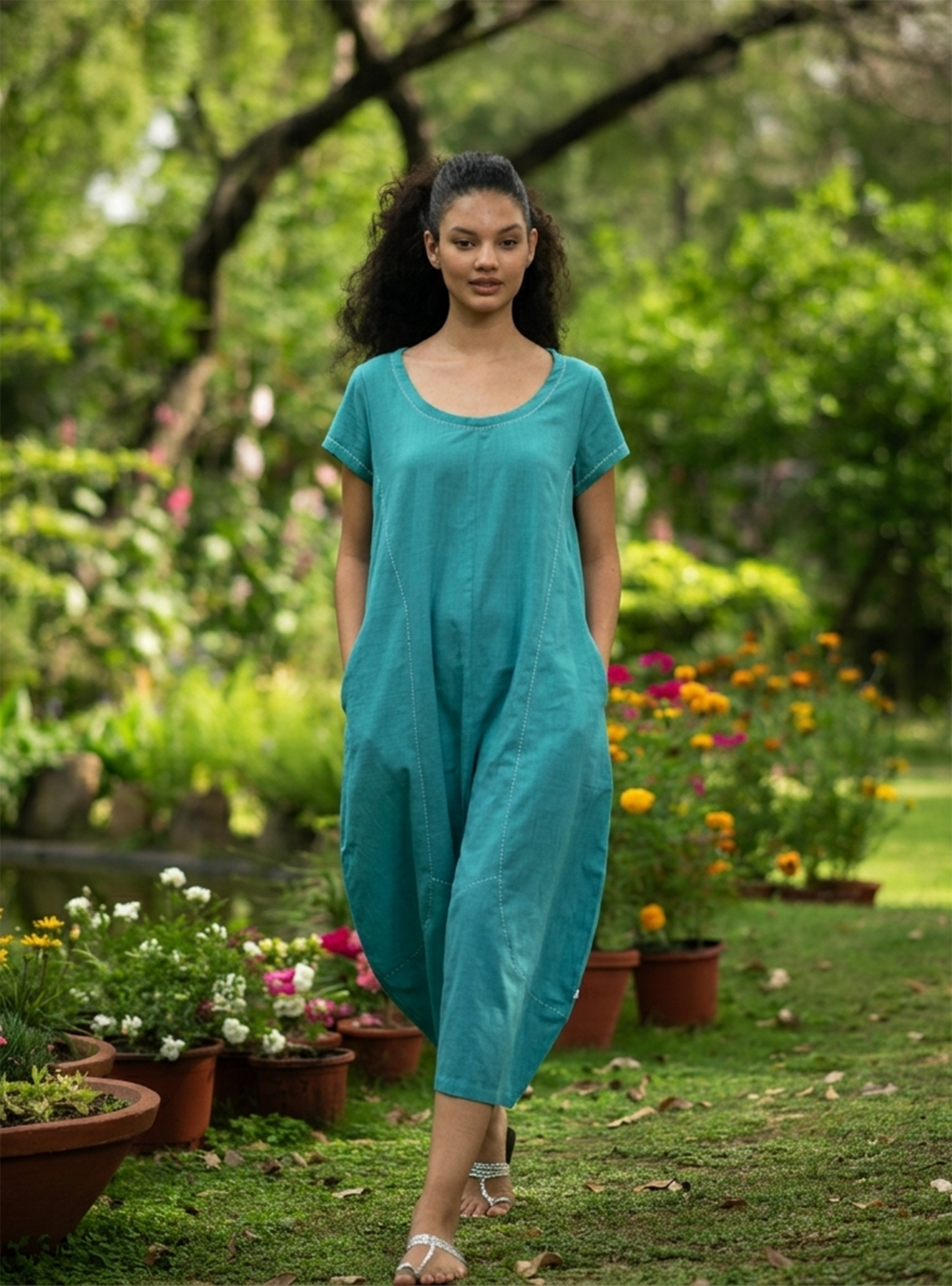 Balloon Jumpsuit : Solid Turquoise Slub