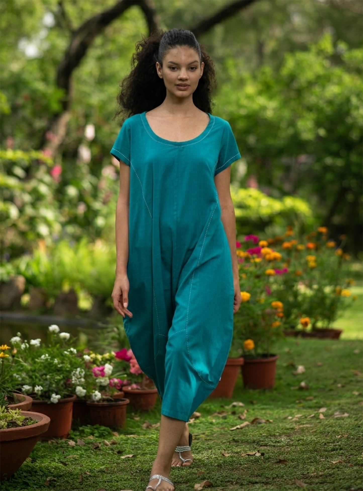 Balloon Jumpsuit : Solid Turquoise Slub