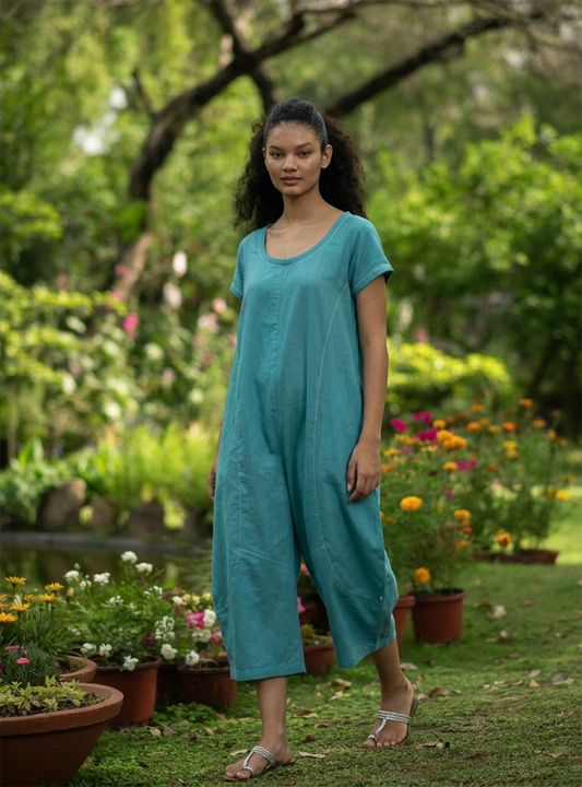 Balloon Jumpsuit : Solid Turquoise Slub