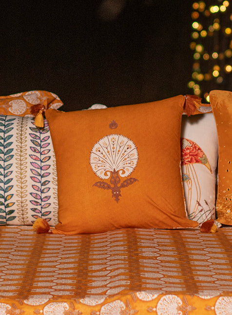 Printed Cushion Cover Rev Tassels : Shahi Mustard Sheeting+Canvas