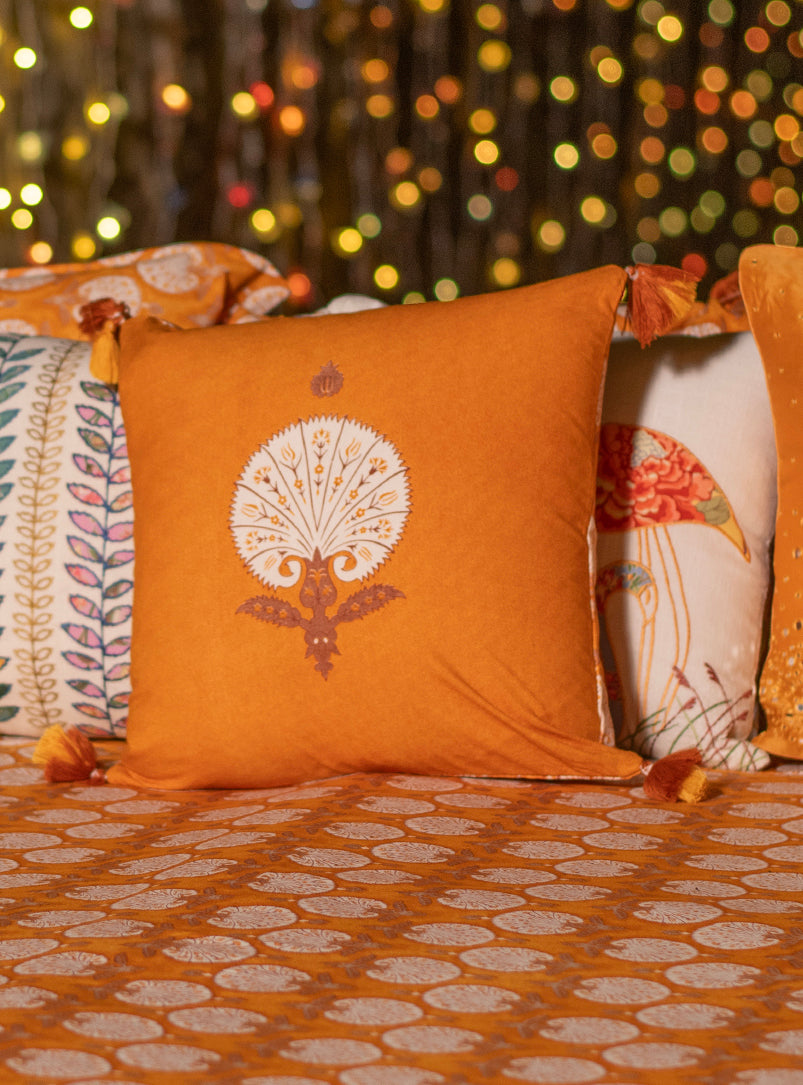 Printed Cushion Cover Rev Tassels : Shahi Mustard Sheeting+Canvas