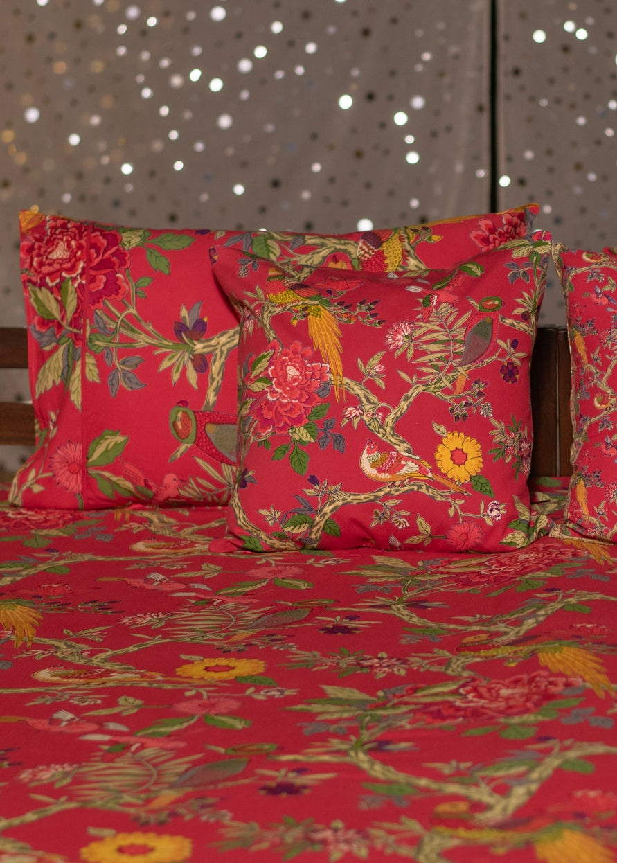 Printed Cushion Cover Reversible : Bird Coral Sheeting + Canvas