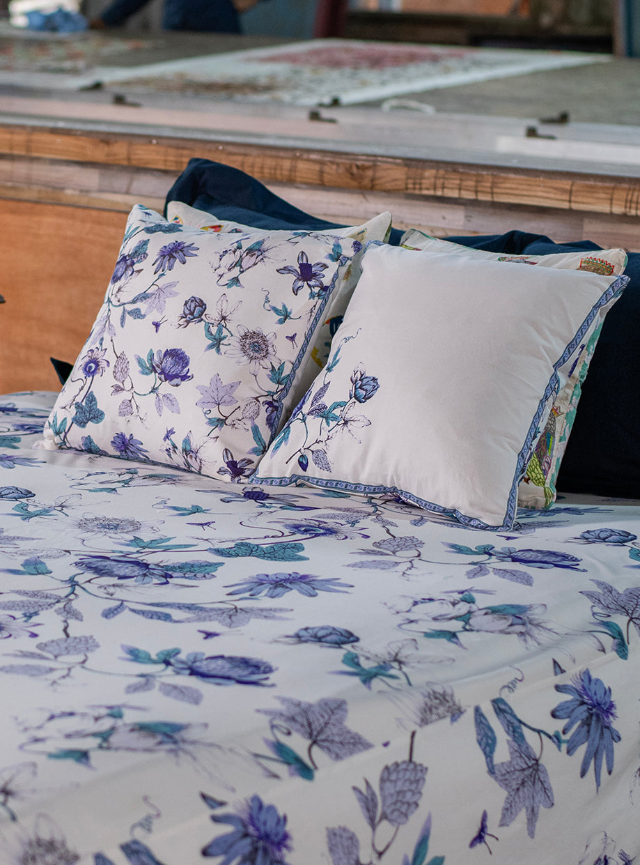 Printed Cushion Cover : Serafina  Blue & White Sheeting+Canvas