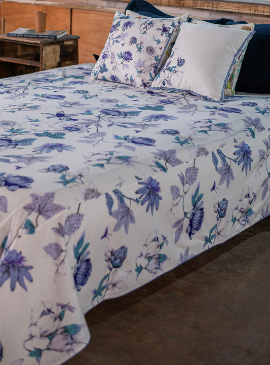 Printed Bed Cover : Serafina  Blue & White Sheeting
