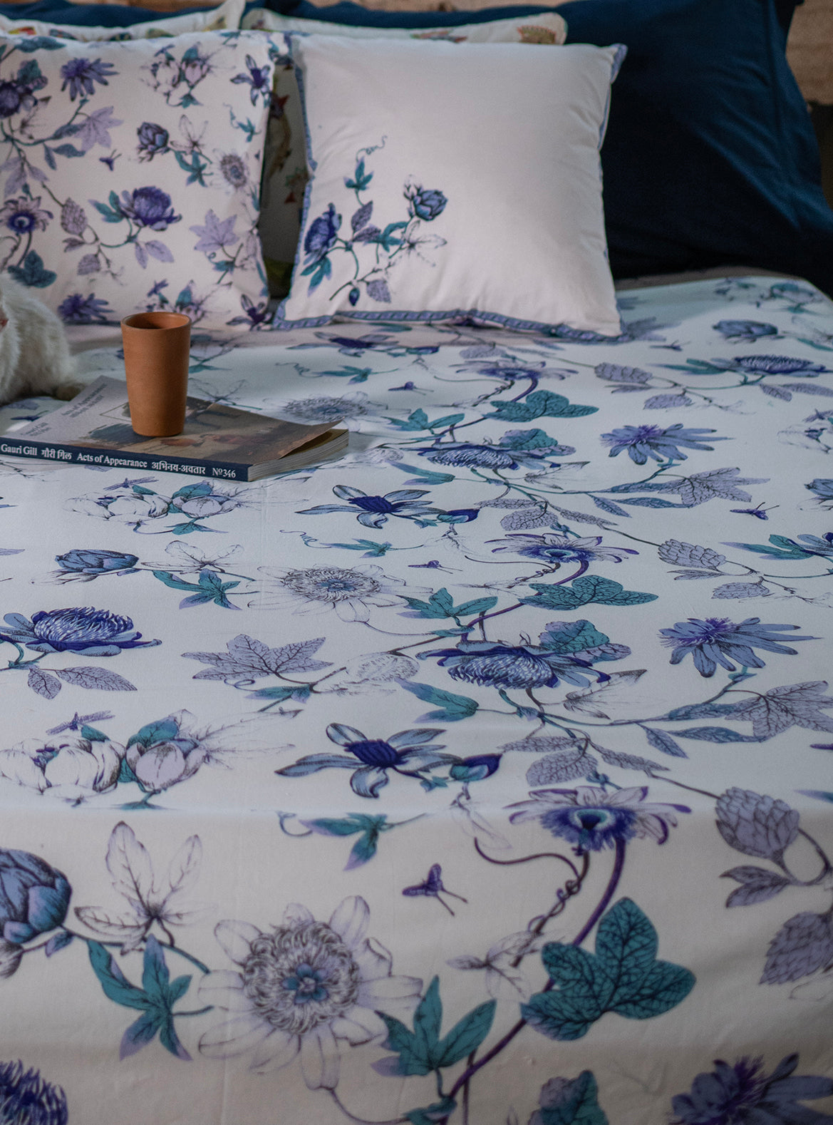 Printed Bed Cover : Serafina  Blue & White Sheeting