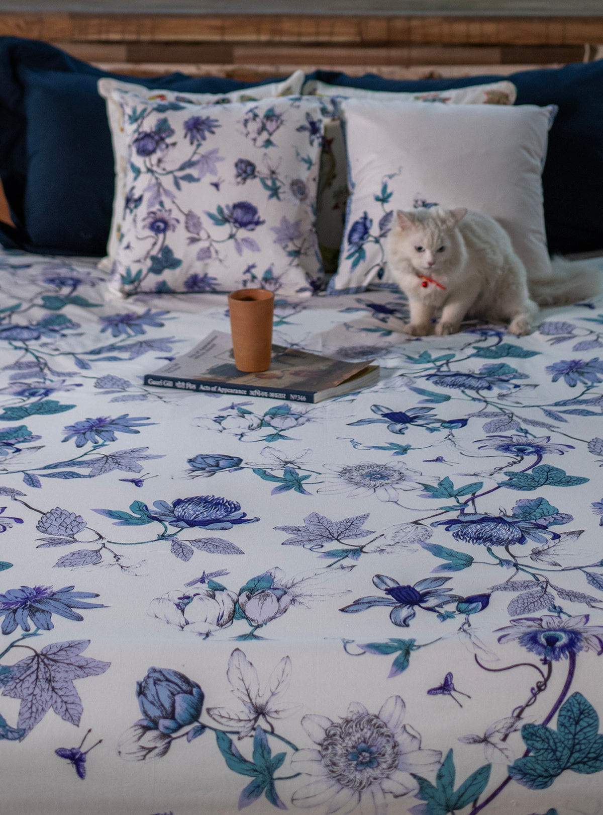 Printed Bed Cover : Serafina  Blue & White Sheeting