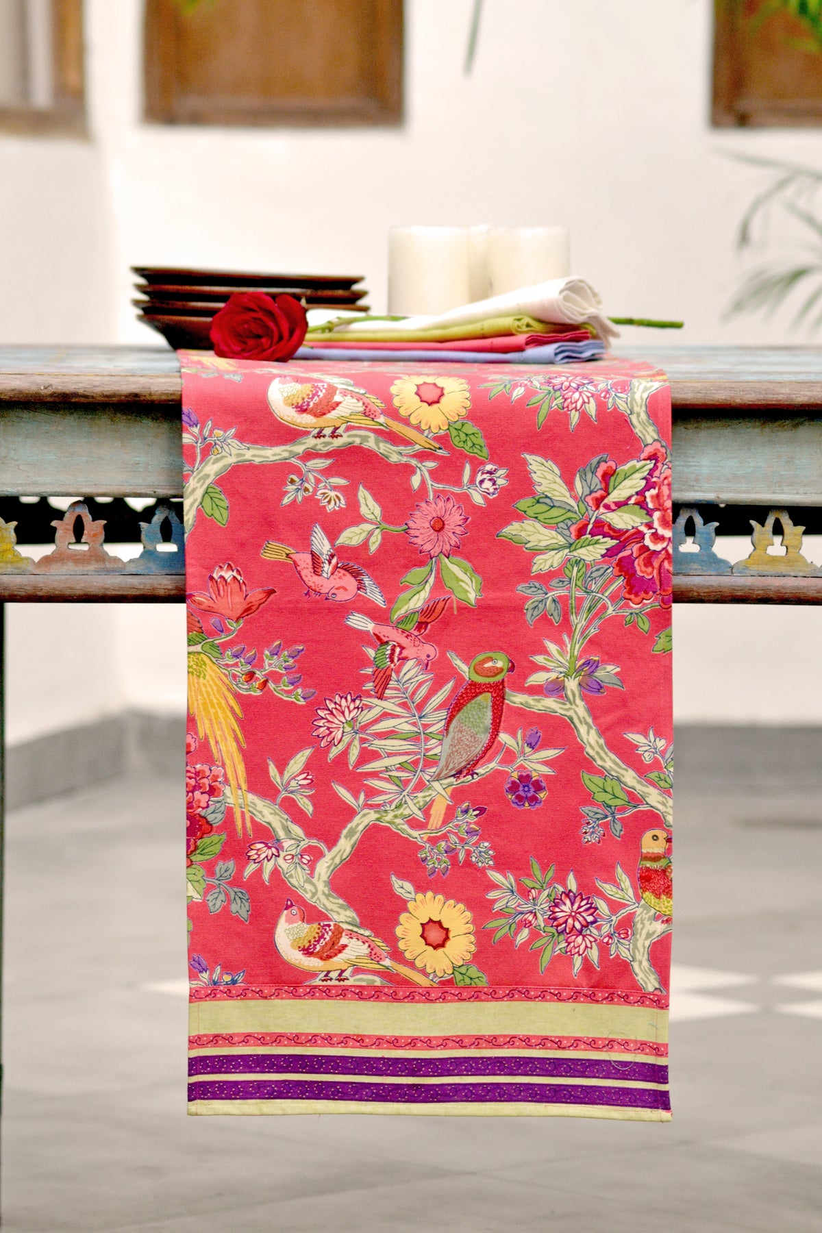Printed Runner : Bird Coral Canvas