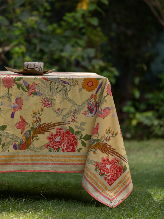 Printed Table Cloth With Extra Border : Bird Yellow Sheeting