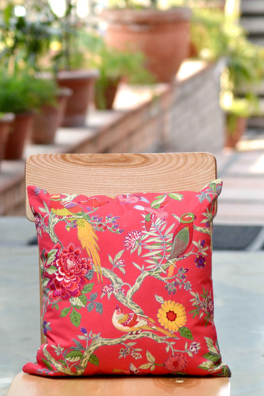 Printed Cushion Cover Reversible : Bird Coral Sheeting + Canvas