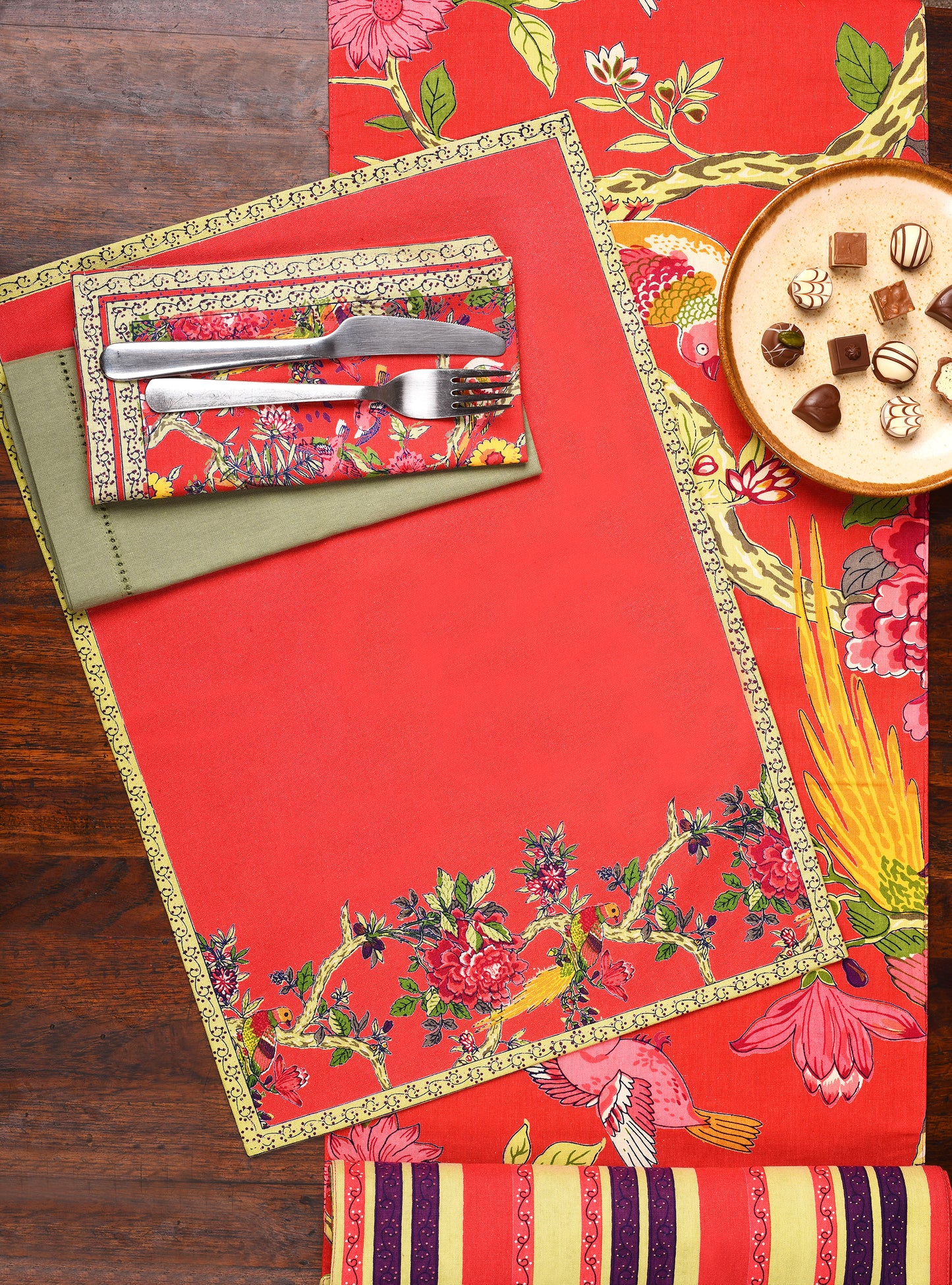 Bird Printed Placemat Set of 2 : Coral