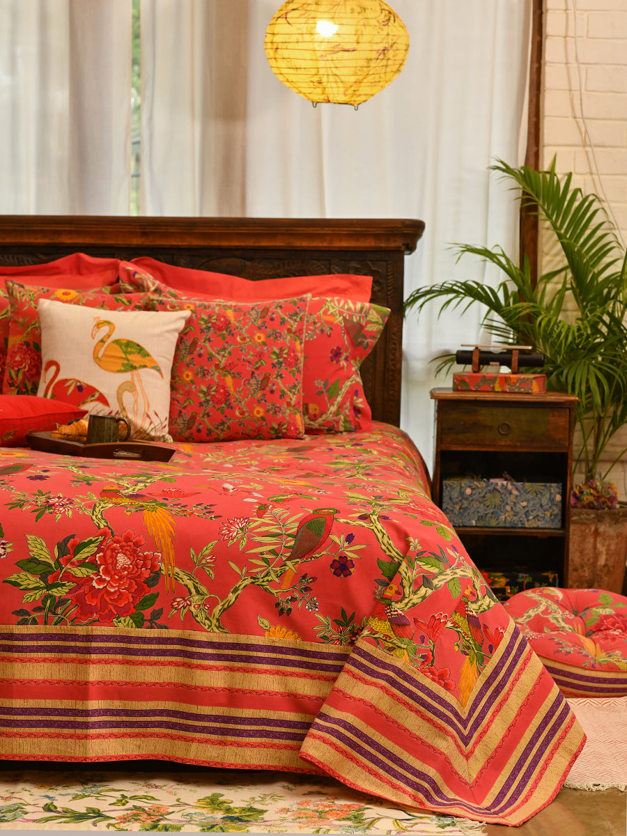 Printed Bed Cover With Extra Border : Bird Coral | Sheeting