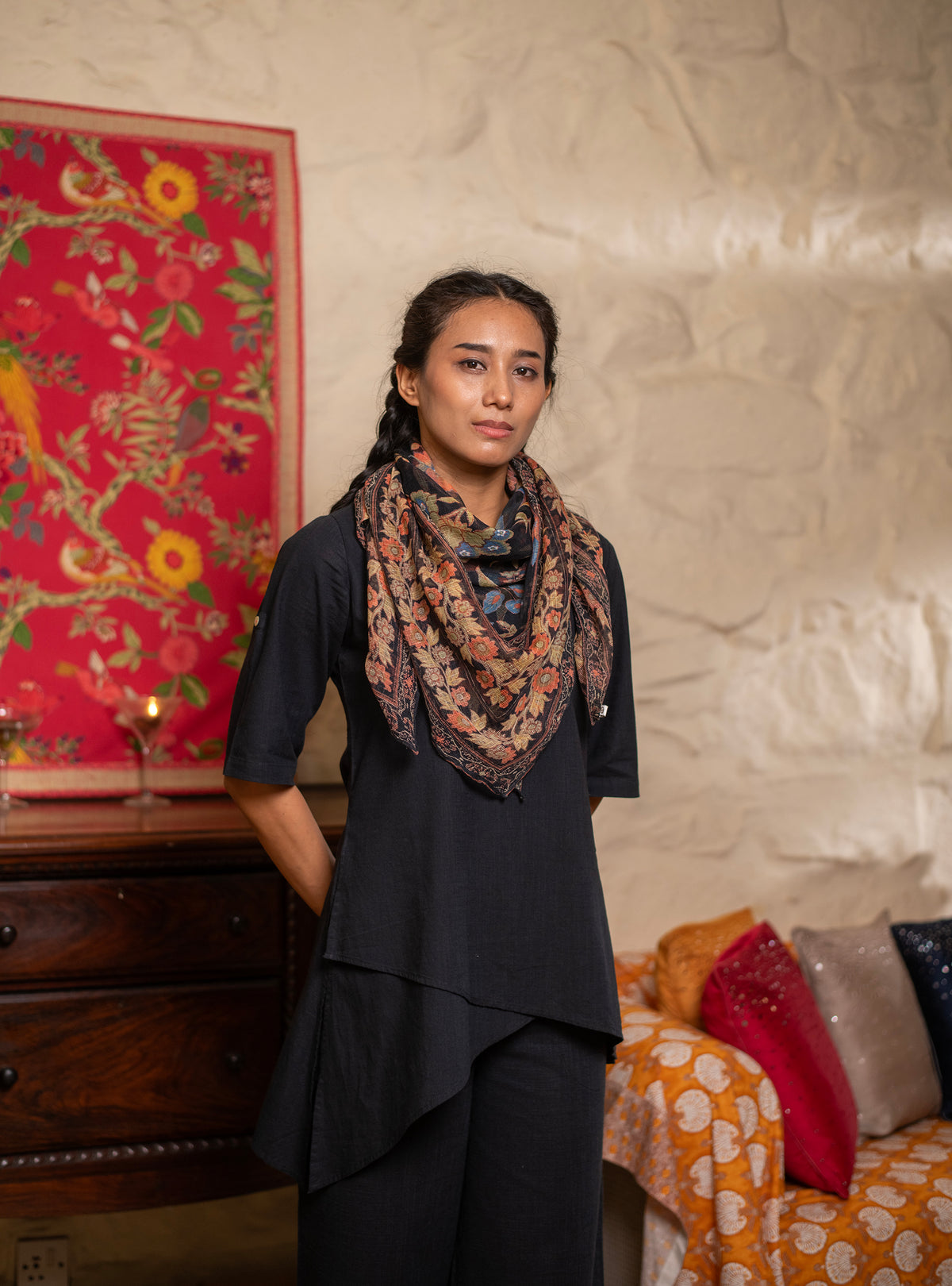 Border Scarf:  Kerala Black