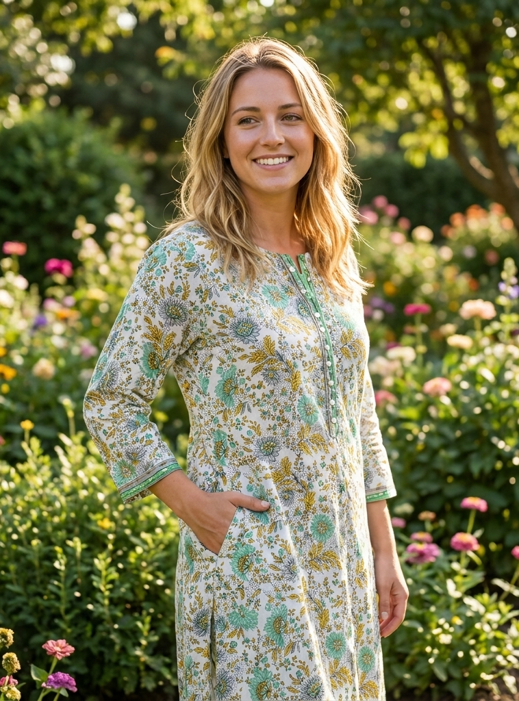 Button Kurta  : Phuljhadi Green